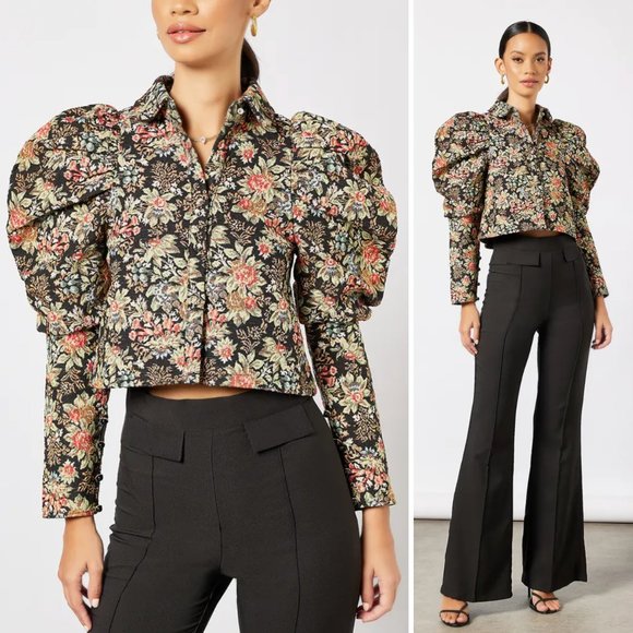 Sister Jane Tops - NEW Sister Jane Long Puff Sleeve Button Front Floral Tapestry Shirt Top Black S